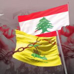 Photo composition displaying the chained fists of a person with the Lebanese and Hezbollah flags in the background. Photo: Hady Dbouq/Al Mayadeen.