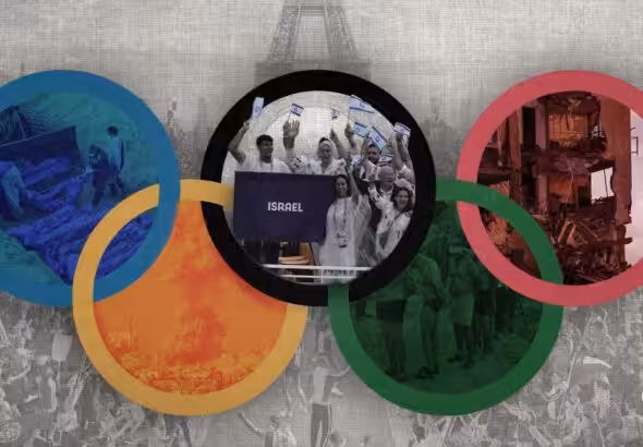 Photo composition showing Paris Olympics 2024 inauguration ceremony with the Eiffel Tower in the background overlapped with the Olympics rings containing images of the Israeli genocide against Palestinians. Photo: The Cradle.