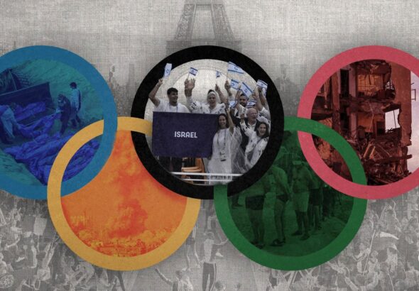 Photo composition showing Paris Olympics 2024 inauguration ceremony with the Eiffel Tower in the background overlapped with the Olympics rings containing images of the Israeli genocide against Palestinians. Photo: The Cradle.