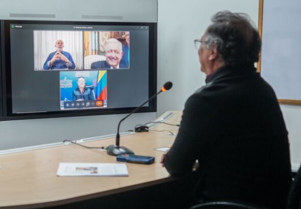 Colombian President Gustavo Petro speaks on a video conference with his counterparts from Brazil and Mexico on August 1. Photo: Juan Diego Cano.