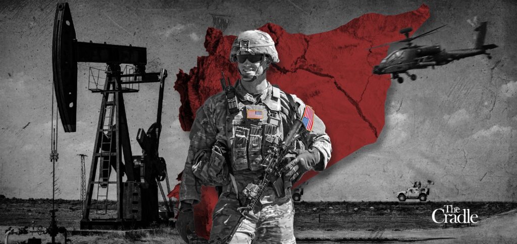 Photo composition showing a map of Syria with a proud US soldier in front of it, over a photo of the dessert with and oil rig and a war helicopter overflying. Photo: The Cradle.