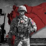 Photo composition showing a map of Syria with a proud US soldier in front of it, over a photo of the dessert with and oil rig and a war helicopter overflying. Photo: The Cradle.