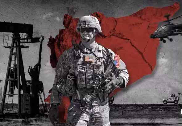 Photo composition showing a map of Syria with a proud US soldier in front of it, over a photo of the dessert with and oil rig and a war helicopter overflying. Photo: The Cradle.