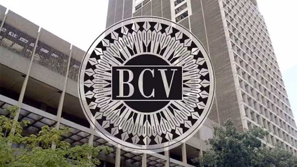 Headquarters of the Central Bank of Venezuela, with the BCV logo in the foreground. File photo.