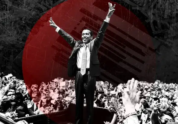 Compilation image showing Indonesian President Joko Widodo (Center) surrounded by cheering crowds. Photo: MintPress News.