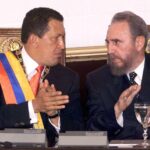 Cuban President Fidel Castro (right) and Venezuelan President Hugo Chávez (left) during the Cuban leader's state visit to Venezuela, October 27, 2000. Photo: Juan Barreto/AFP via Getty Images.