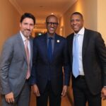 Prime Minister Justin Trudeau (Left), President Paul Kagame of Rwanda (Center) and president Masai Ujiri (Right) of the Toronto Raptors in the NBA. Photo: X/@EnglerYves.