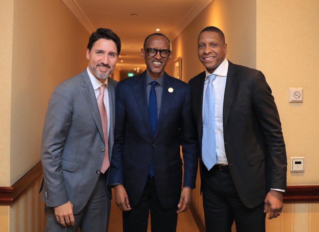 Prime Minister Justin Trudeau (Left), President Paul Kagame of Rwanda (Center) and president Masai Ujiri (Right) of the Toronto Raptors in the NBA. Photo: X/@EnglerYves.