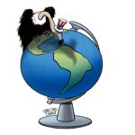 Cartoon showing a vulture with a US hat sitting over the globe and picking at South America. File photo.