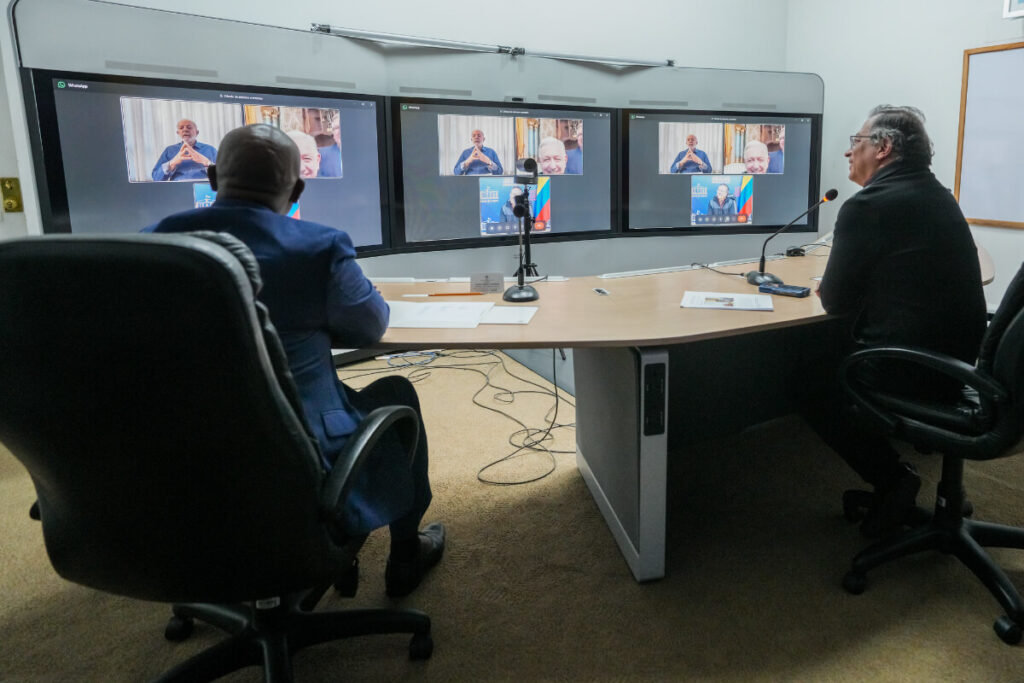 Video-conference between Colombian President Gustavo Petro, Brazilian President Luiz Inácio Lula da Silva, and Mexican President Andrés Manuel López Obrador, August 1, 2024. Photo: Colombian Presidency.