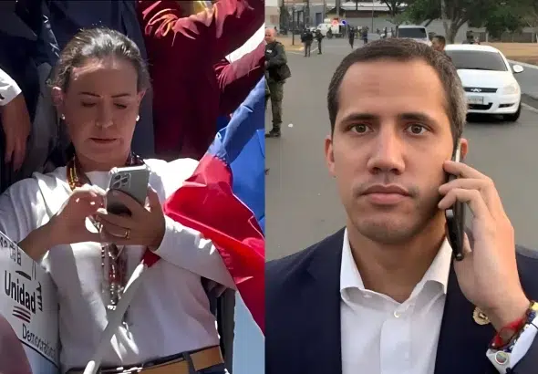 Far-right opposition politician María Corina Machado (left) using her phone during the unsuccessful opposition demonstration organized in Caracas on August 3, 2024; and former far-right deputy Juan Guaidó (right) using his phone during the failed coup d'etat he lead on April 31, 2020 in Caracas. Photo composition: Orinoco Tribune.