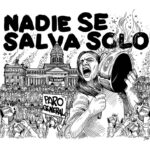 Drawing of a protest with the caption "Nobody can save themselves alone." Photo: Instagram/@villyvillian.