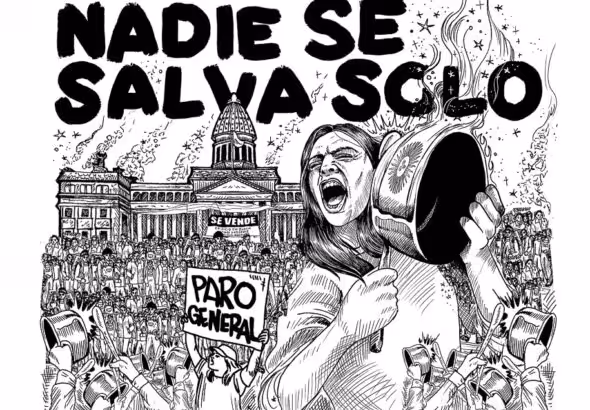 Drawing of a protest with the caption "Nobody can save themselves alone." Photo: Instagram/@villyvillian.