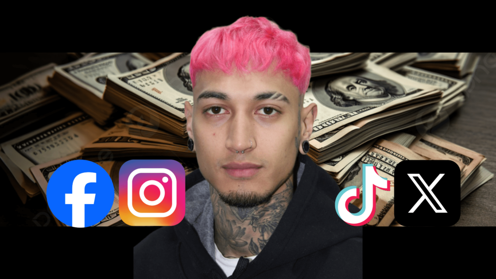 Photo composition showing Venezuelan influencer Greg Allessandro Sewo next to the logos of social media platforms and stacks of US dollar bills in the background. Photo: RedRadioVE.