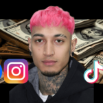 Photo composition showing Venezuelan influencer Greg Allessandro Sewo next to the logos of social media platforms and stacks of US dollar bills in the background. Photo: RedRadioVE.