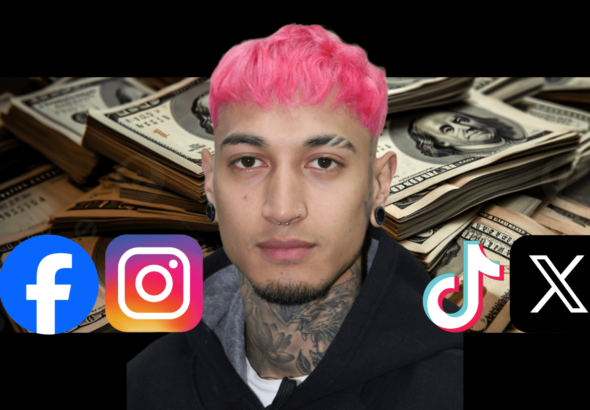 Photo composition showing Venezuelan influencer Greg Allessandro Sewo next to the logos of social media platforms and stacks of US dollar bills in the background. Photo: RedRadioVE.