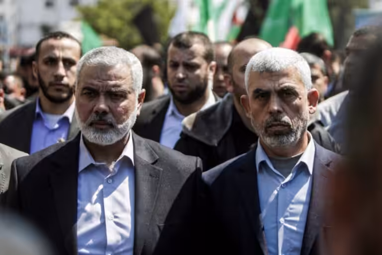 Featured Image: Yahya Sinwar (right) alongside Ismail Haniyeh (left) in Gaza city on March 25, 2017. Photo: AFP/Mahmud Hams.