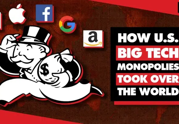 Photo composition showing Mr. Monopoly running below the logos of US tech corporations. Photo: Geopolitical Economy Report.