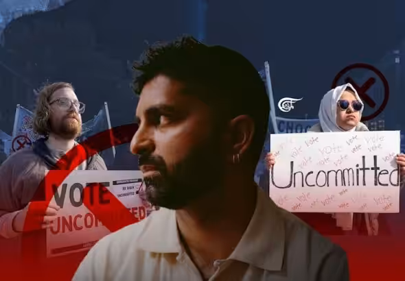 Democratic Party strategist and Uncommitted Movement leader Walid Shaheed (center), with two persons holding placards saying "Vote Uncommitted" in the background. Photo composition: Ali al-Hadi Schmeiss/Al-Mayadeen English.