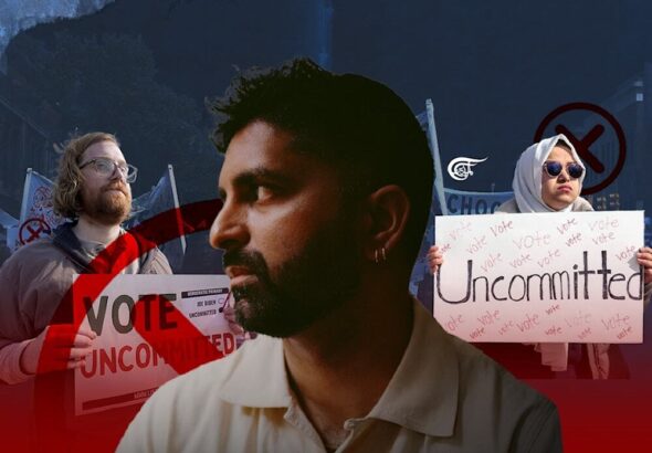 Democratic Party strategist and Uncommitted Movement leader Walid Shaheed (center), with two persons holding placards saying "Vote Uncommitted" in the background. Photo composition: Ali al-Hadi Schmeiss/Al-Mayadeen English.
