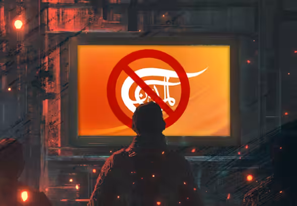 An illustration showing a television screen displaying Al Mayadeen's logo and an unauthorized access sign over it. Photo: Ali al-Hadi Shmeis/Al Mayadeen English.