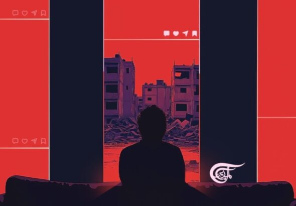 Photo composition showing the shadow of a person seated on a sofa and staring at an image of the Israeli led destruction of Palestine, with social media signs on the sides. Photo: Al Mayadeen.