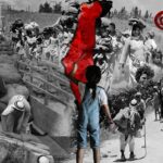 Photo composition showing  old photos of the Nakba and a young girl playing in front of the map of Palestine. Photo: Al Mayadeen.