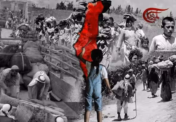 Photo composition showing  old photos of the Nakba and a young girl playing in front of the map of Palestine. Photo: Al Mayadeen.