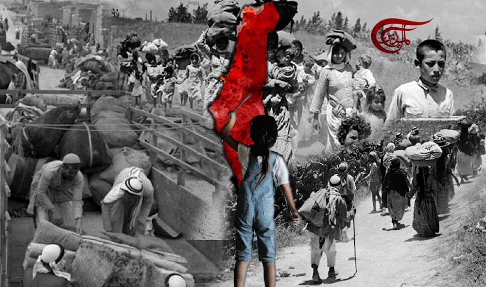 Photo composition showing  old photos of the Nakba and a young girl playing in front of the map of Palestine. Photo: Al Mayadeen.