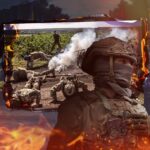 Photo composition showing a group of soldiers during training next to a soldier with a face-mask on, in a background of fire. Photo: Al Mayadeen.