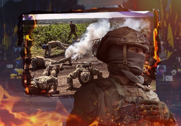 Photo composition showing a group of soldiers during training next to a soldier with a face-mask on, in a background of fire. Photo: Al Mayadeen.