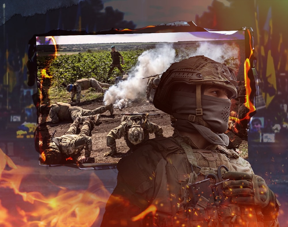 Photo composition showing a group of soldiers during training next to a soldier with a face-mask on, in a background of fire. Photo: Al Mayadeen.