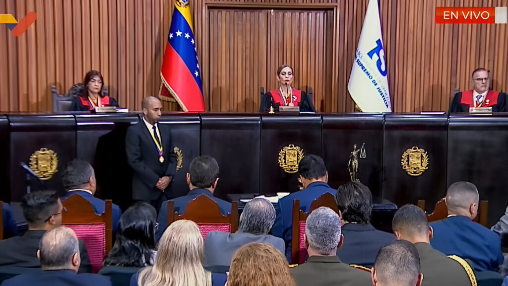 Venezuelan Supreme Court of Justice's Electoral Chamber in the ceremony accepting the constitutional resource to protect the presidential elections held last Sunday, July 28. Photo: Screenshot from VTV coverage.
