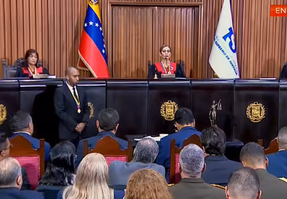 Venezuelan Supreme Court of Justice's Electoral Chamber in the ceremony accepting the constitutional resource to protect the presidential elections held last Sunday, July 28. Photo: Screenshot from VTV coverage.