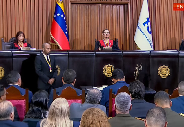 Venezuelan Supreme Court of Justice's Electoral Chamber in the ceremony accepting the constitutional resource to protect the presidential elections held last Sunday, July 28. Photo: Screenshot from VTV coverage.