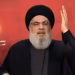 Secretary-General of Hezbollah, Sayyed Hassan Nasrallah, during the ceremony honoring martyr Fouad Shokor. Photo: Screenshot/Al Mayadeen.