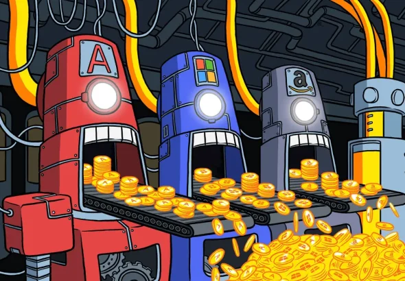 Featured image: Cartoon portraying robots identified with tech corporation logos "vomiting" gold coins. Photo: Tom Grillo/New York Times/file photo.