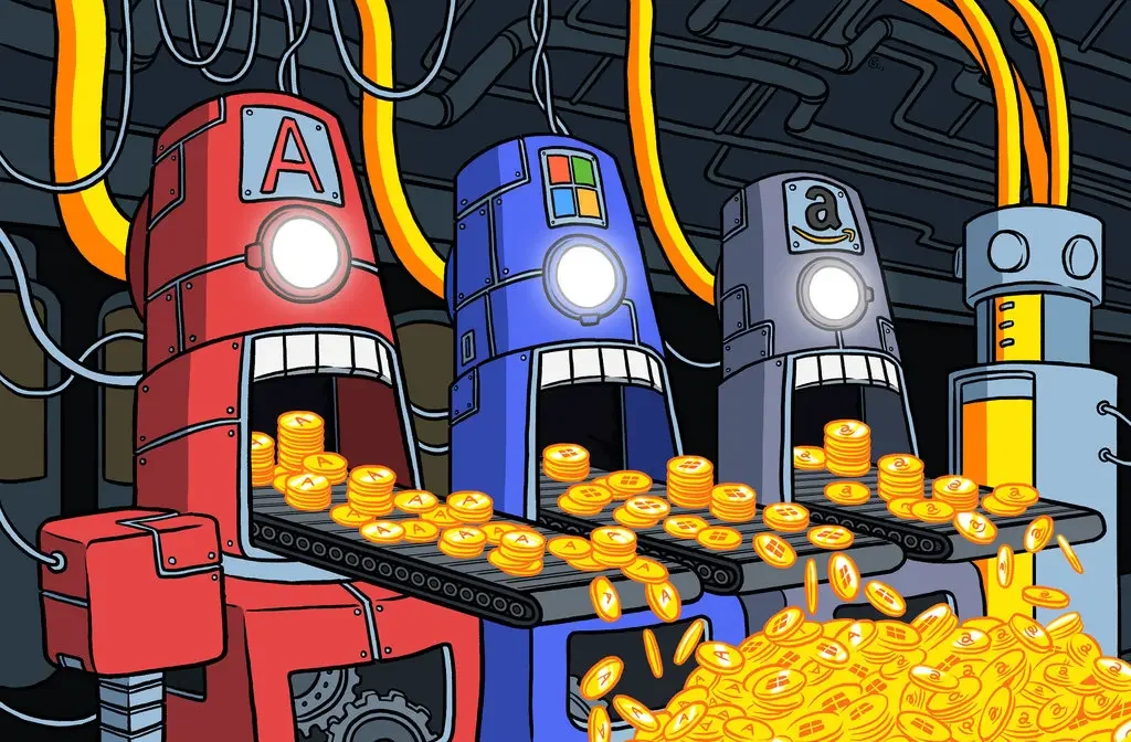 Featured image: Cartoon portraying robots identified with tech corporation logos "vomiting" gold coins. Photo: Tom Grillo/New York Times/file photo.