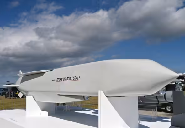 The SCALP/Storm Shadow cruise missile is displayed at the MBDA exhibition hall during the Farnborough International Airshow 2024. Photo: John Keeble/Getty Images.