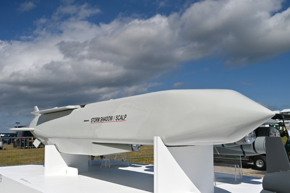 The SCALP/Storm Shadow cruise missile is displayed at the MBDA exhibition hall during the Farnborough International Airshow 2024. Photo: John Keeble/Getty Images.