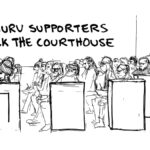 Cartoon of a courthouse packed with Uhuru 3 supporters. Cartoonist: Halley Murray