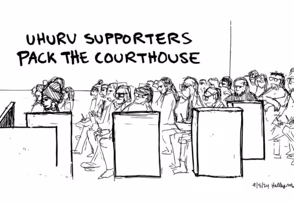 Cartoon of a courthouse packed with Uhuru 3 supporters. Cartoonist: Halley Murray