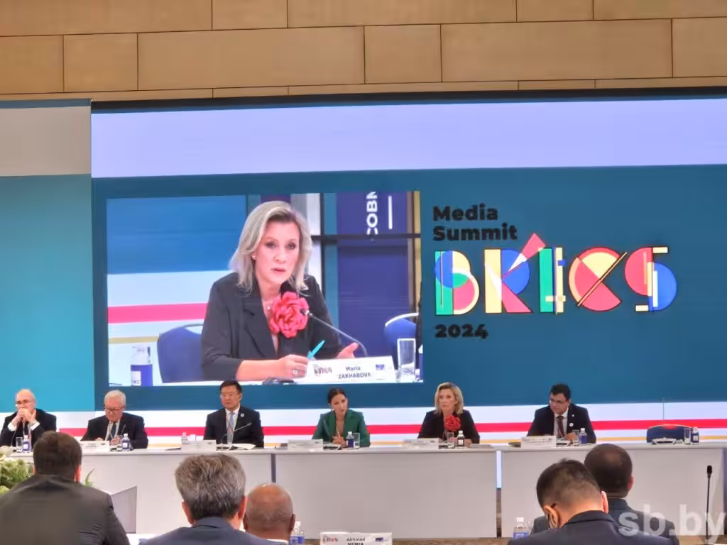 Russia’s Foreign Ministry spokesperson Maria Zakharova speaking during the BRICS Media Summit 2024 in Moscow on Saturday, September 14, 2024. Photo: TASS.