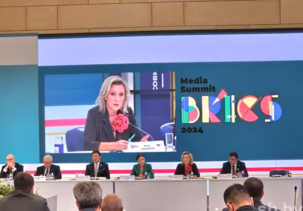 Russia’s Foreign Ministry spokesperson Maria Zakharova speaking during the BRICS Media Summit 2024 in Moscow on Saturday, September 14, 2024. Photo: TASS.