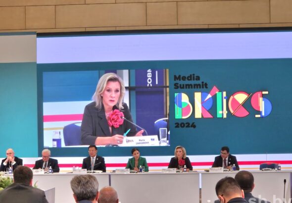 Russia’s Foreign Ministry spokesperson Maria Zakharova speaking during the BRICS Media Summit 2024 in Moscow on Saturday, September 14, 2024. Photo: TASS.