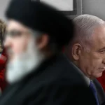 Photo composition, General Hassan Nasrallah (left), Prime Minister Benjamin Netanyahu (right) and military artillery in the background. Photo: The Cradle.