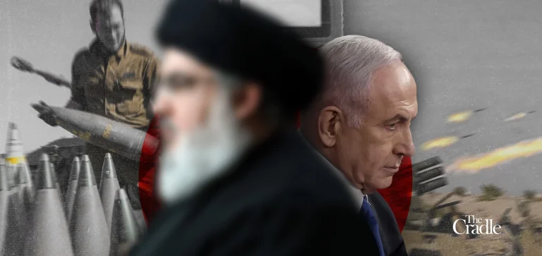 Photo composition, General Hassan Nasrallah (left), Prime Minister Benjamin Netanyahu (right) and military artillery in the background. Photo: The Cradle.