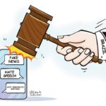 Cartoon depicting a judge's hammer hitting a mobile phone. Photo: Chen Xia/Global Times.