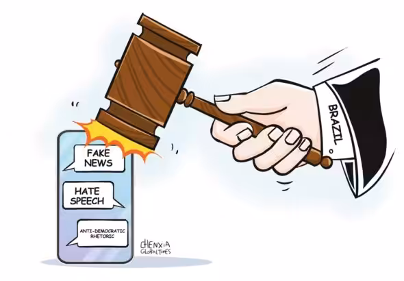 Cartoon depicting a judge's hammer hitting a mobile phone. Photo: Chen Xia/Global Times.