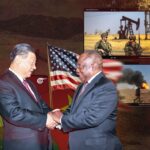 Chinese Photo composition showing President Xi Jinping (left) shaking hands with South African President Cyril Ramaphosa, in the background the US flag next to photos of US military deployed in West Asia. Photo: Zeinab al-Hajj/Al Mayadeen.